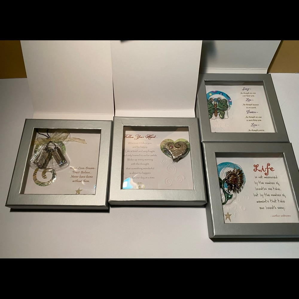 Set of 4 gift boxed pins heart, sunflower, butterfly and charms on chain